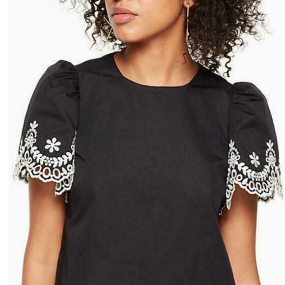 Kate Spade Black Floral Embroidered Cotton Shift Mini Dress Small Short Sleeve - Picture 3 of 7